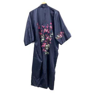 zhong sang kimono style satin embroidered robe navy blue boho festival OS